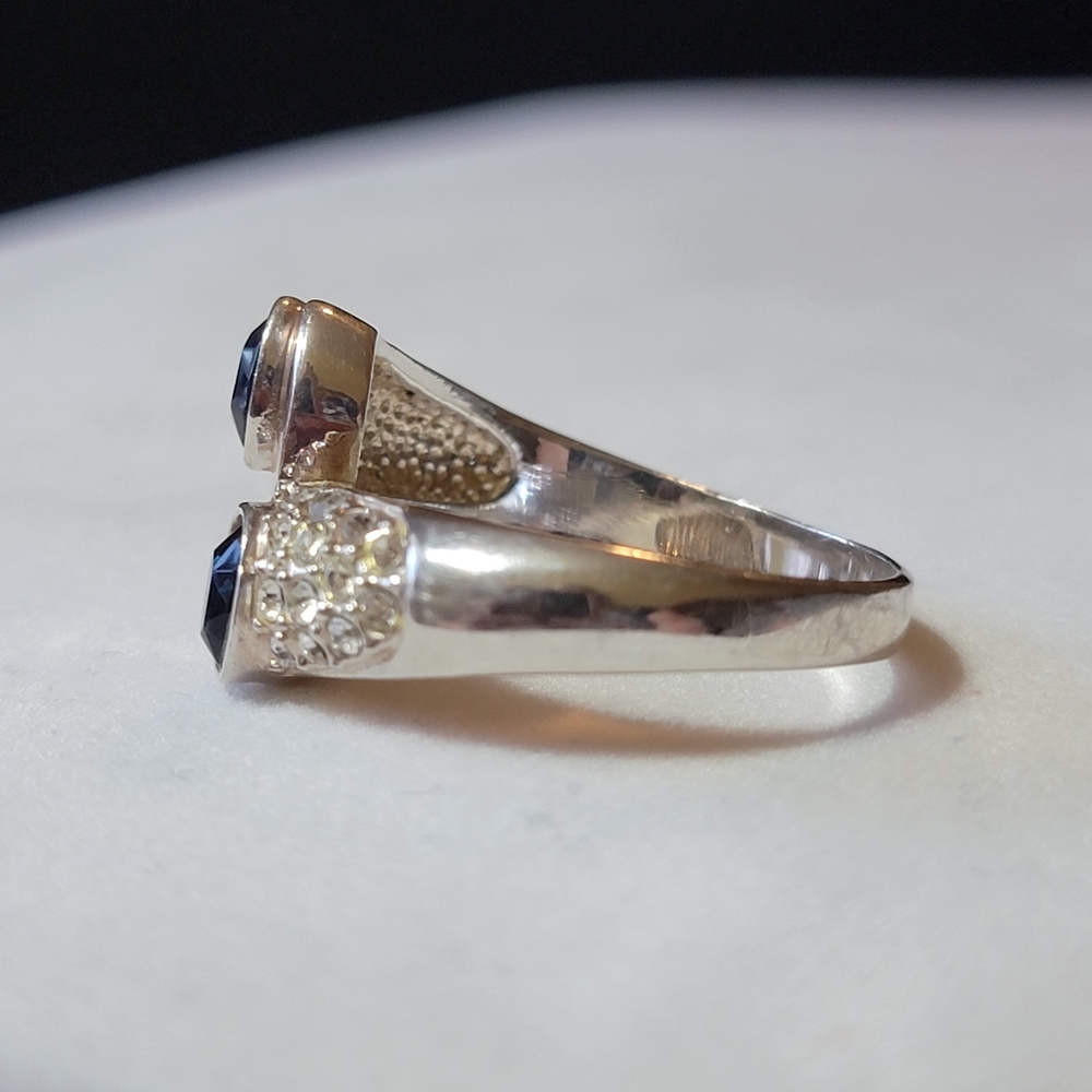 Vintage Silver Tone Faux Diamond and Sapphire Bypass RingSize 12.5 - Picture 8 of 10